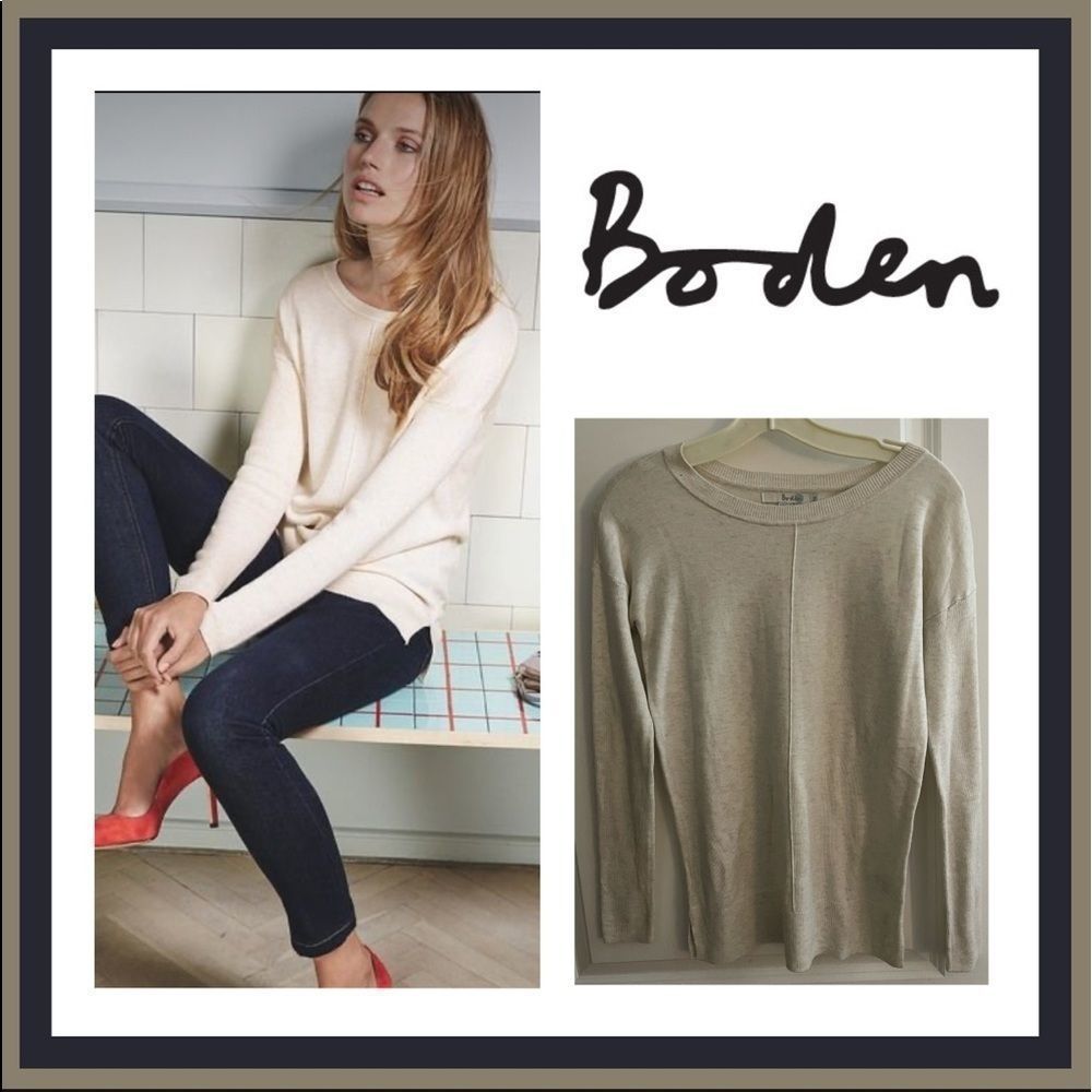Boden Cream with Metallic Gold Specks Viscose Blend Sweater W/ Ribbed Sleeves XS